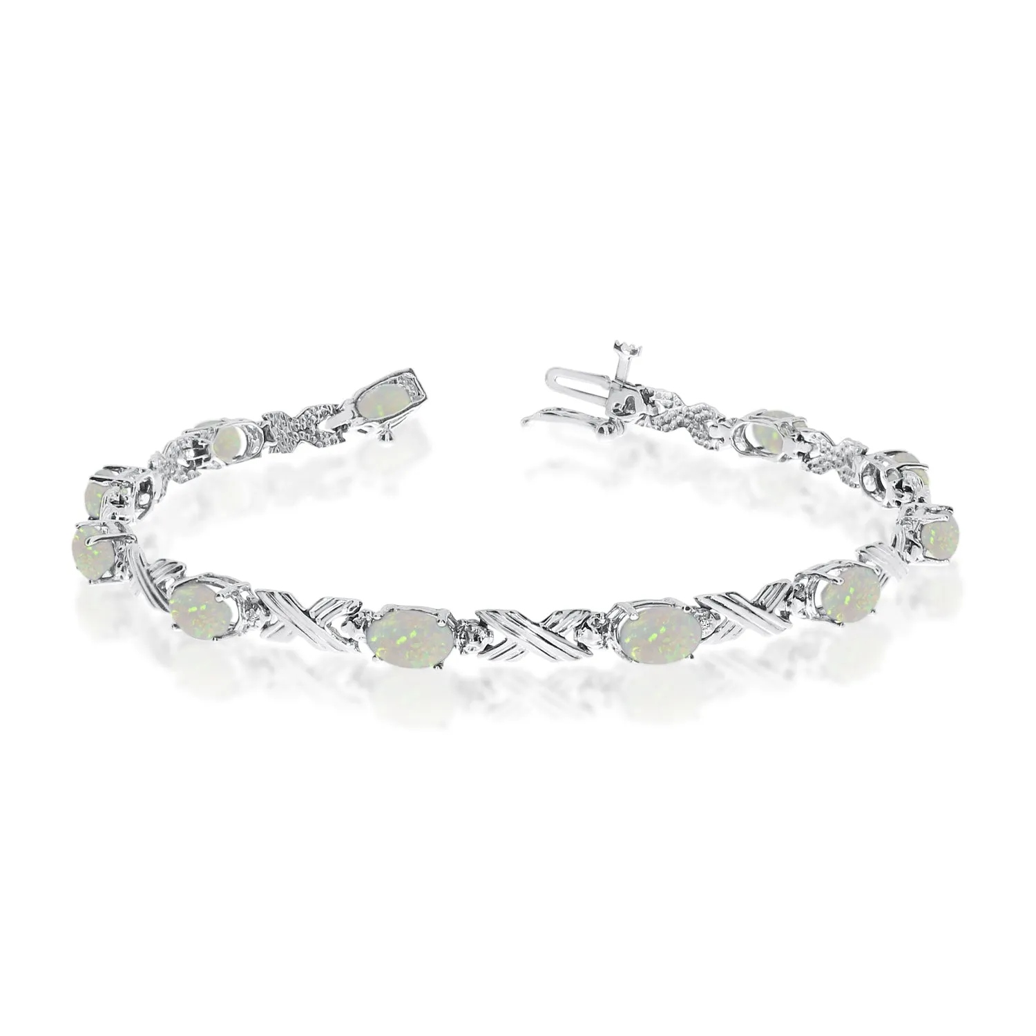 10K White Gold Oval Opal Stones And Diamonds Tennis Bracelet, 7"