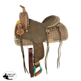 12" Double T  Barrel style saddle with Teal flower and buckstitch accents