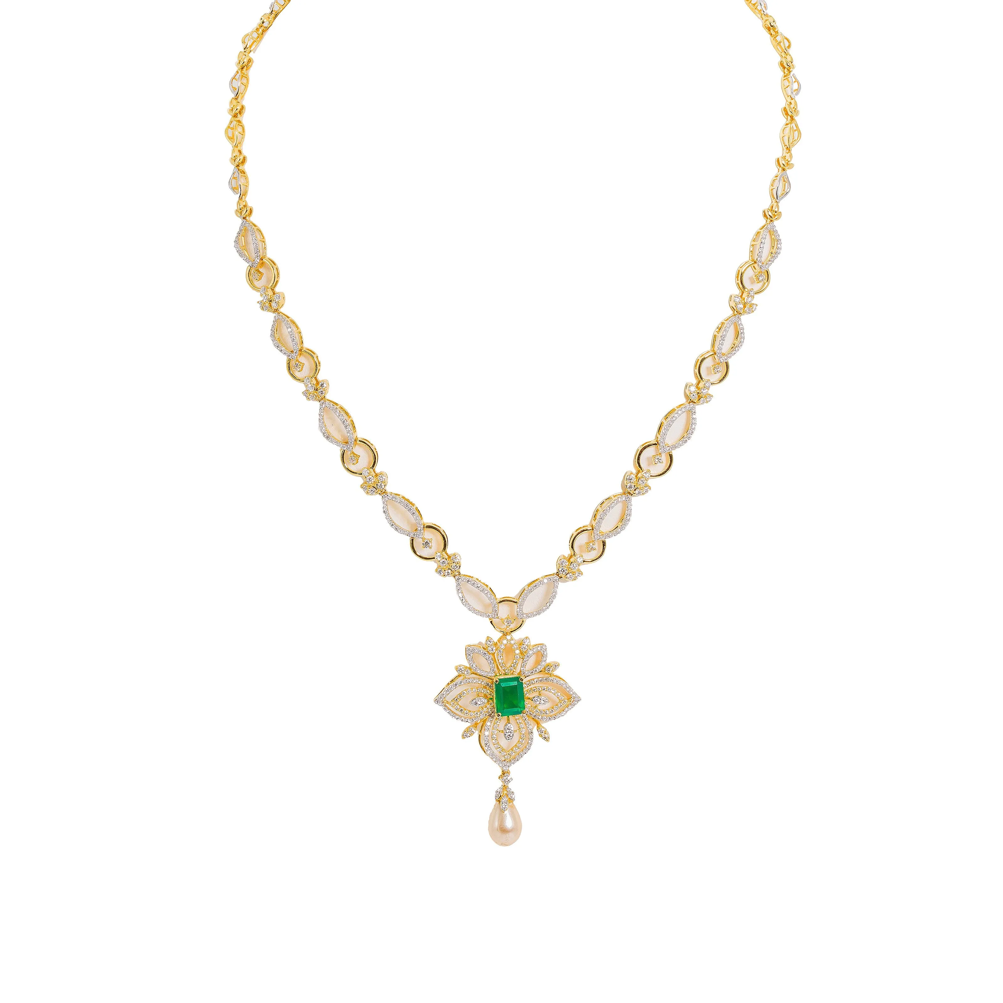 18K  Multi Tone Gold Diamond Necklace & Earrings Set W/ VVS Diamonds, Rubies, Emeralds, Pearls & Lotus Flower Pendant