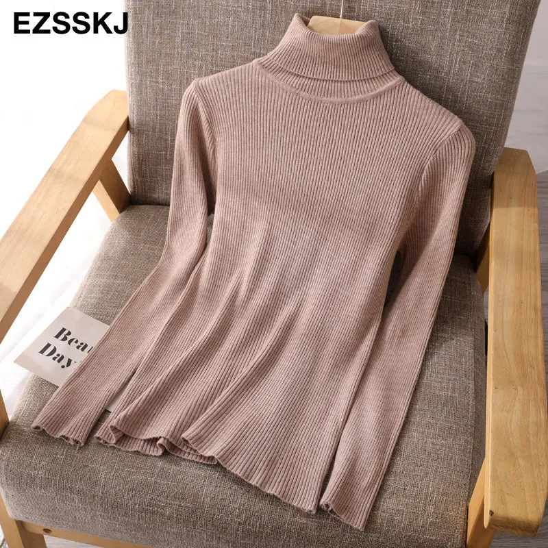 2021 Knitted Women Turtleneck Sweater Pullovers Spring Autumn Basic Women High Neck Sweaters Pullove