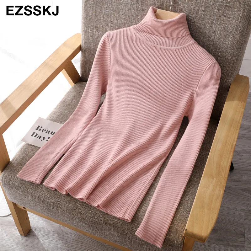 2021 Knitted Women Turtleneck Sweater Pullovers Spring Autumn Basic Women High Neck Sweaters Pullove