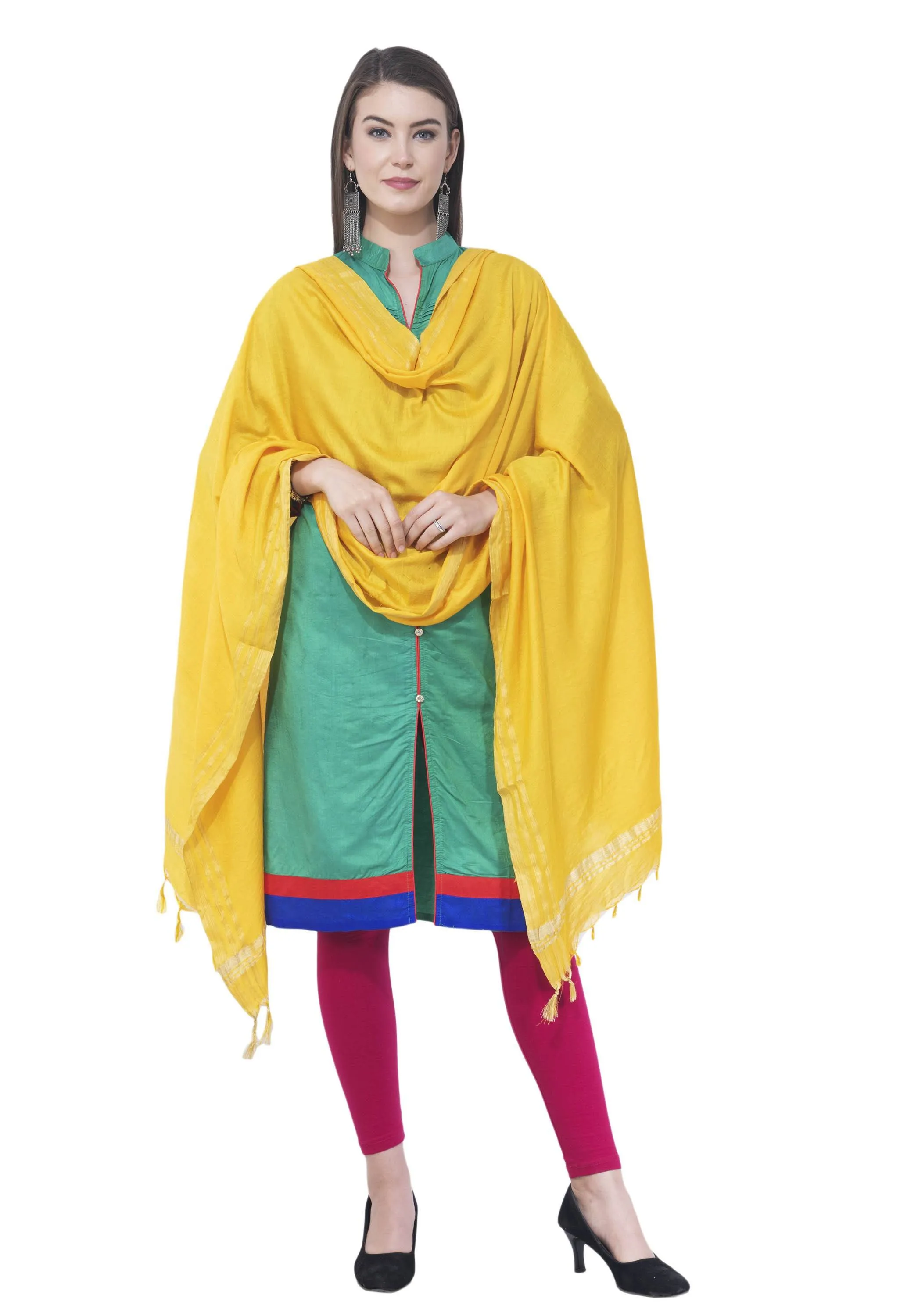 A R SILK Lemon Color Golden border Cotton Dupattas and Chunnis