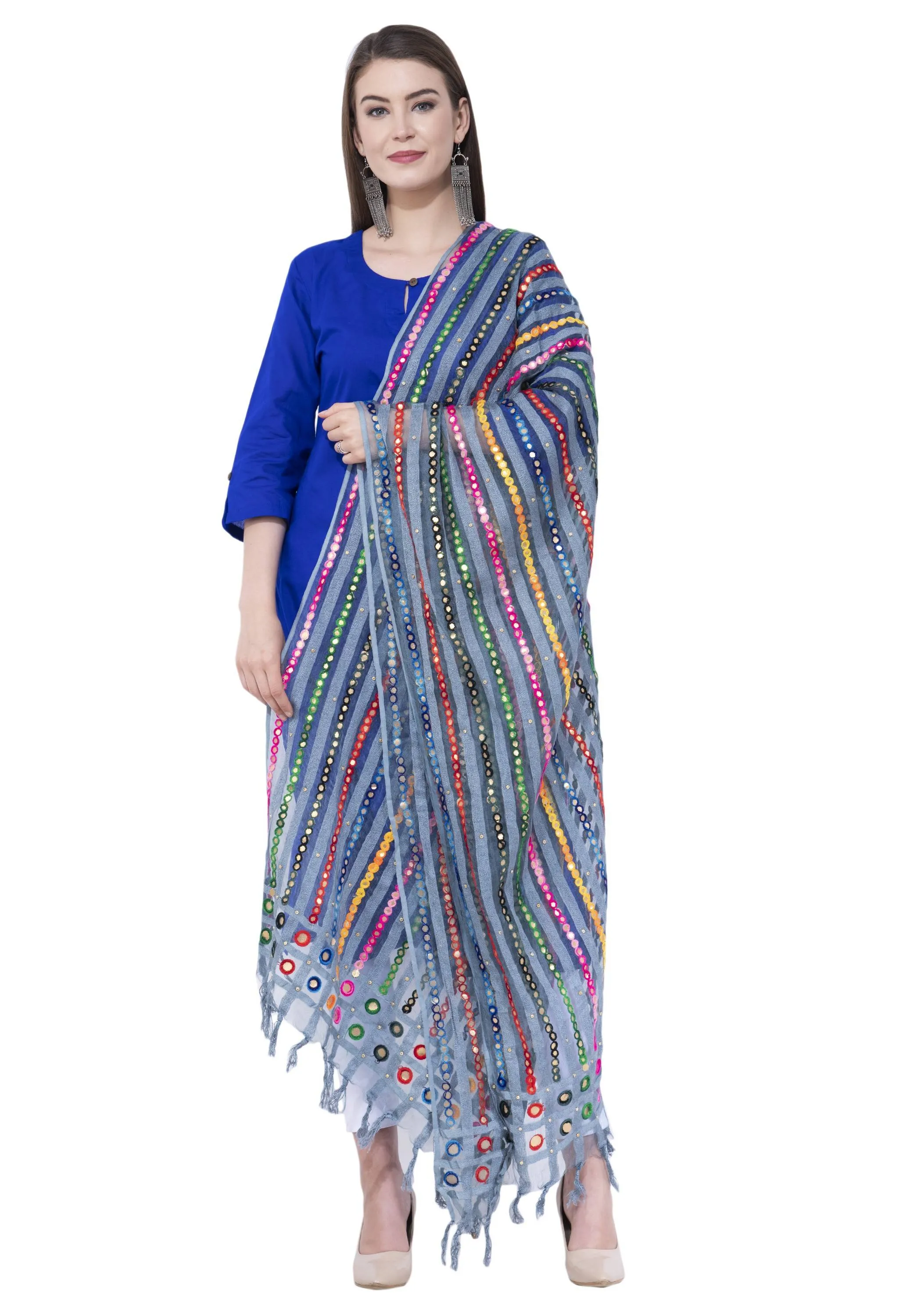 A R SILK Light firozi Color Multi stripe Orgenza cotton Dupattas and Chunnis