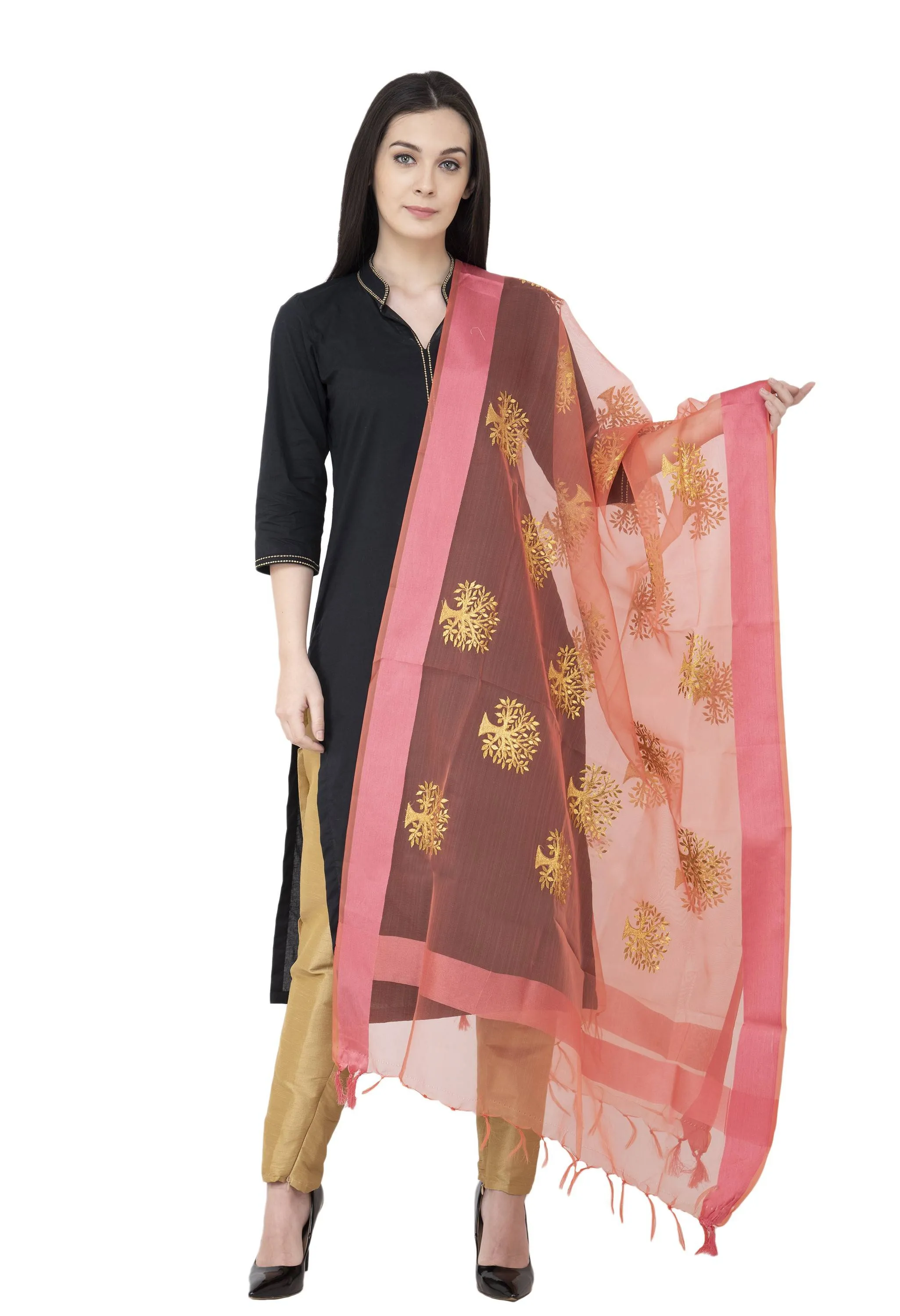 A R Silk TISSUE ZARI EMB. Golden Zari Emb. Color Rani Dupatta or Chunni