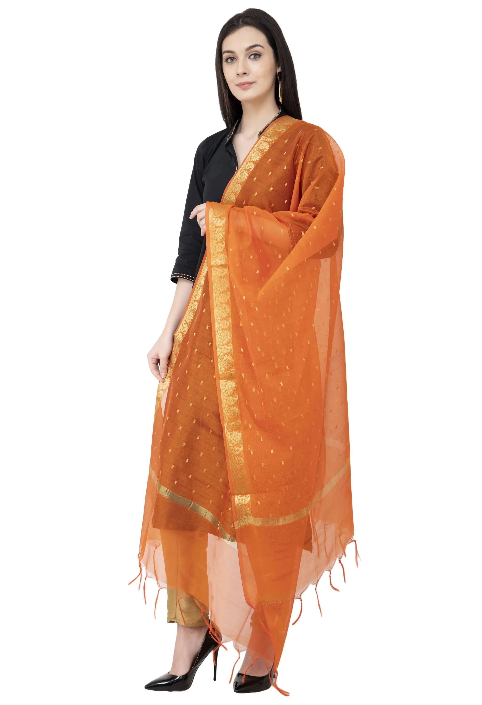 A R SILK VNS Border Buti Fancy Dupatta Orange Color Dupatta or Chunni