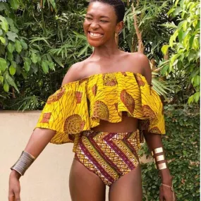 African print high waisted bikini off shoulder swimsuit