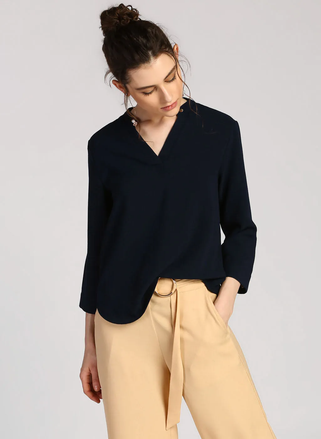 Alison V Neck Band Collar Shirt