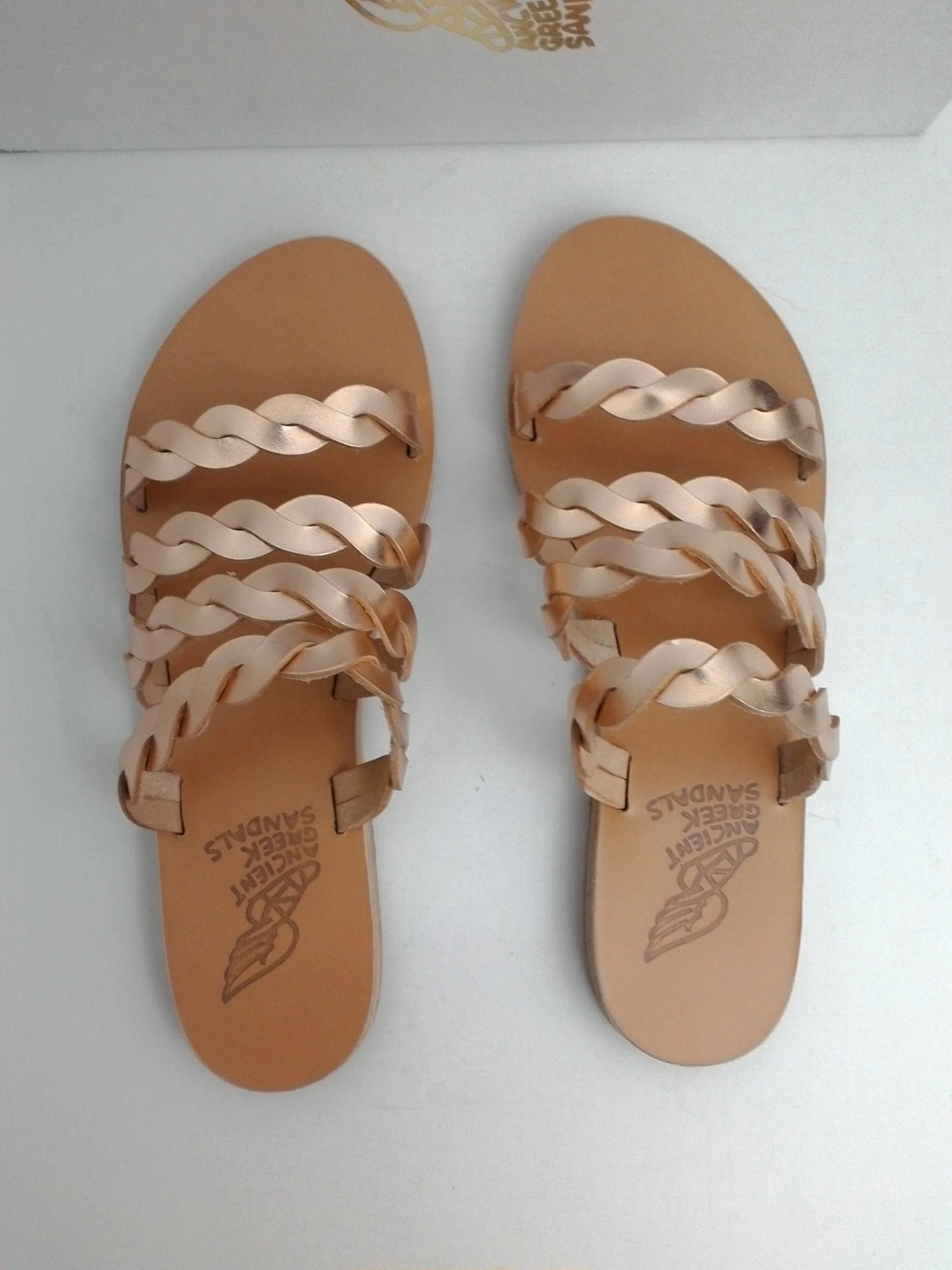 Ancient Greek Sandals Women's Flat Sandals Rose Gold Leather Size 38