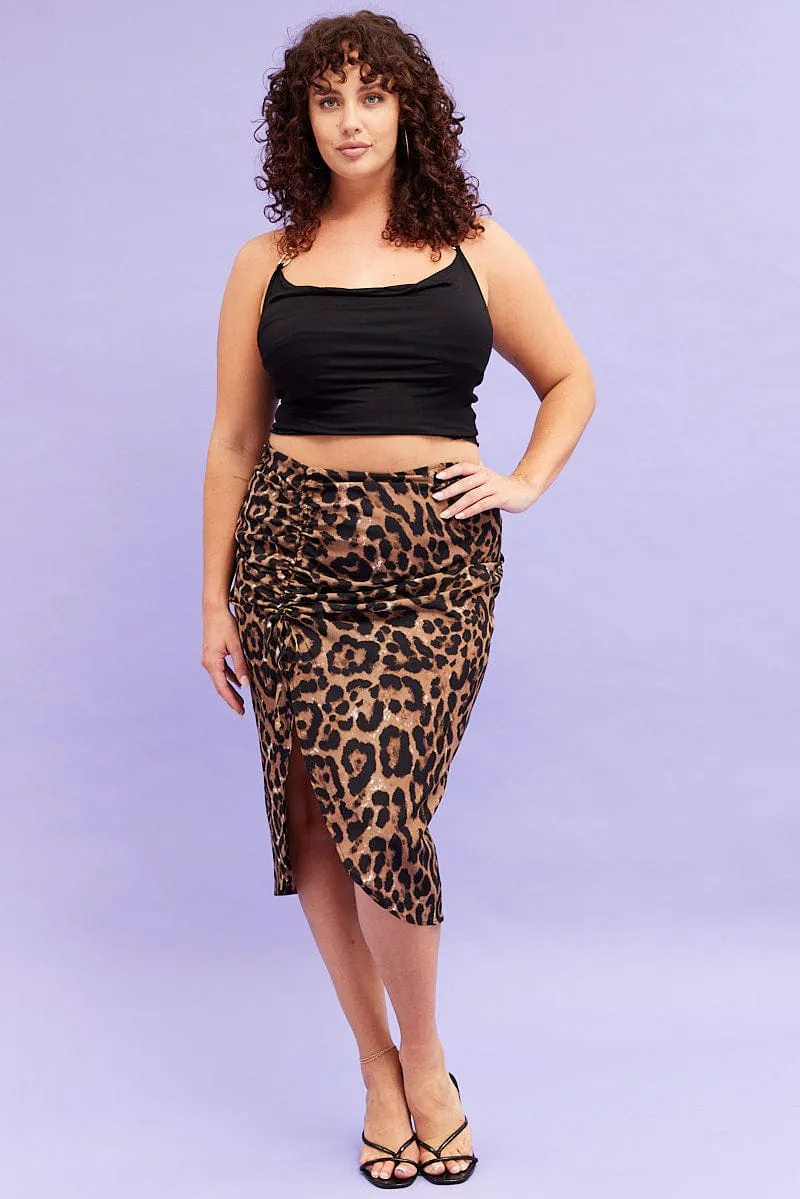 Beige Animal Print Midi Skirt High Waist Ruched