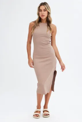 Beige Bodycon Dress Sleeveless Midi Rib