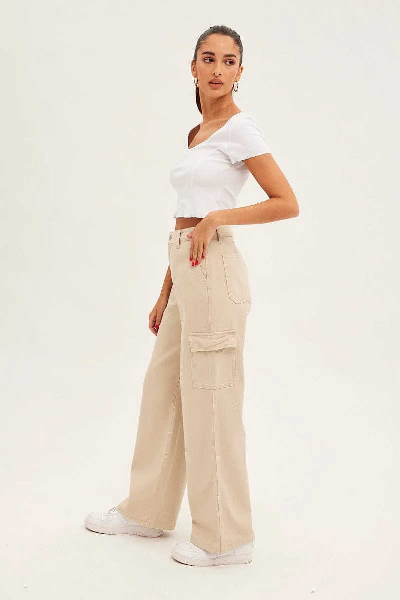 Beige Cargo Denim Jeans High Rise