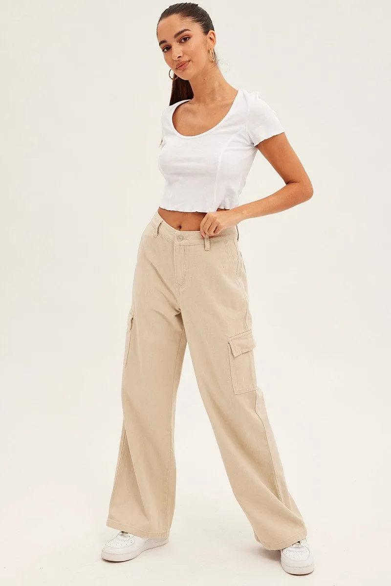 Beige Cargo Denim Jeans High Rise