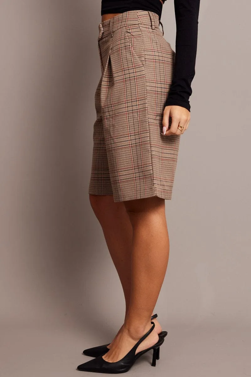 Beige Check Longline Shorts Mid Rise