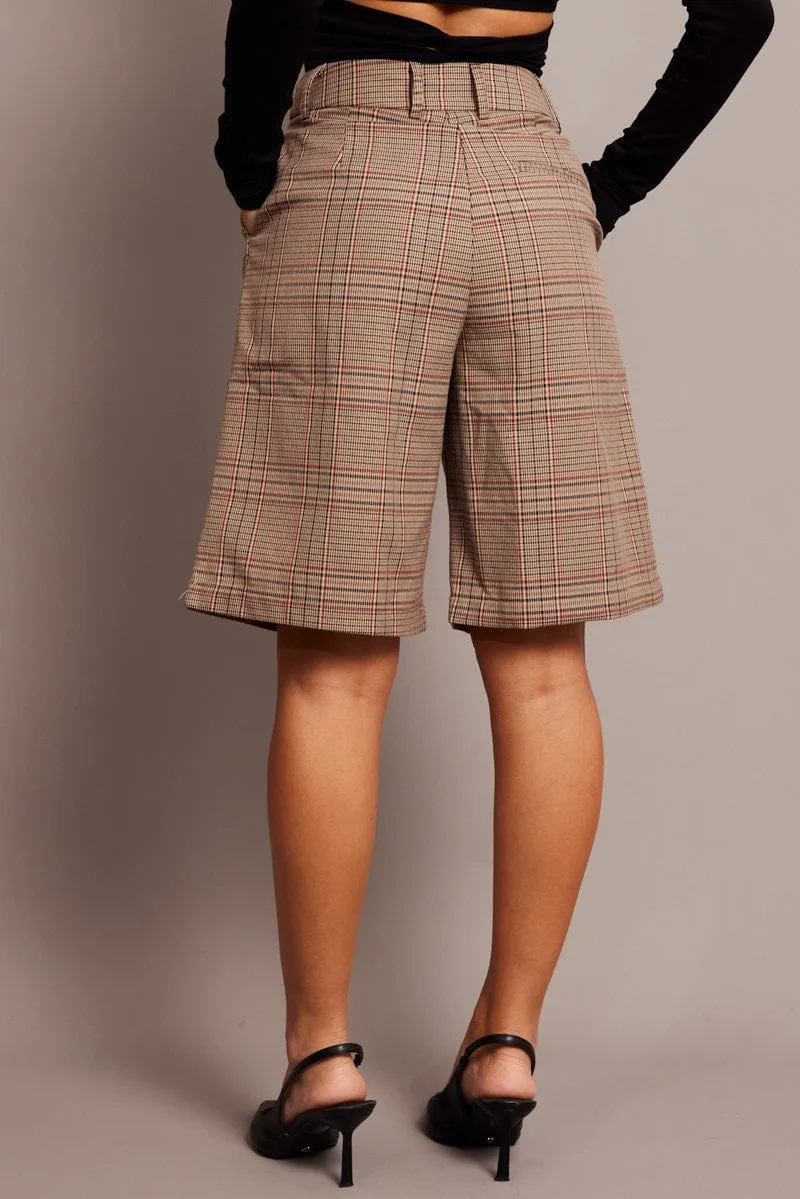 Beige Check Longline Shorts Mid Rise