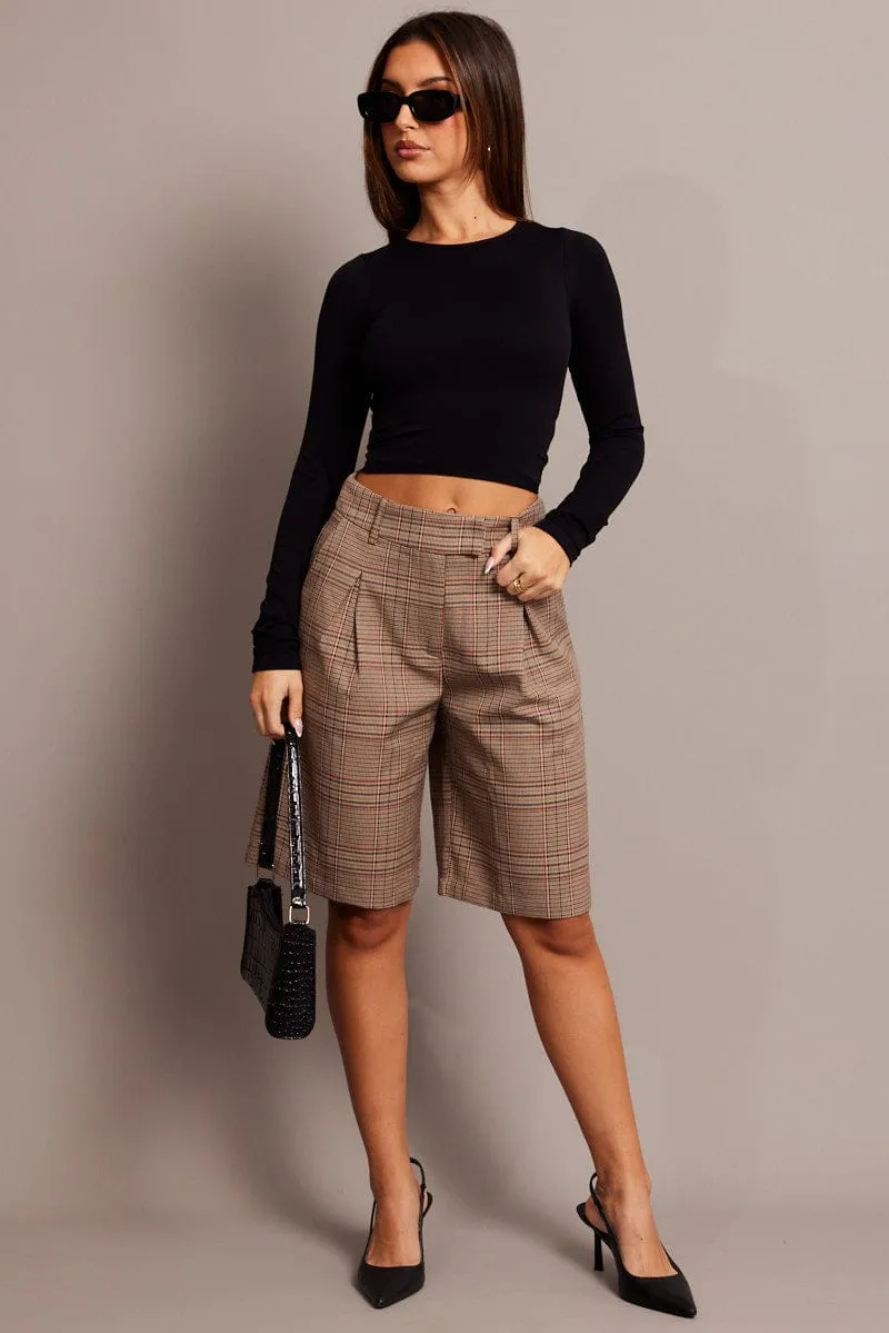 Beige Check Longline Shorts Mid Rise