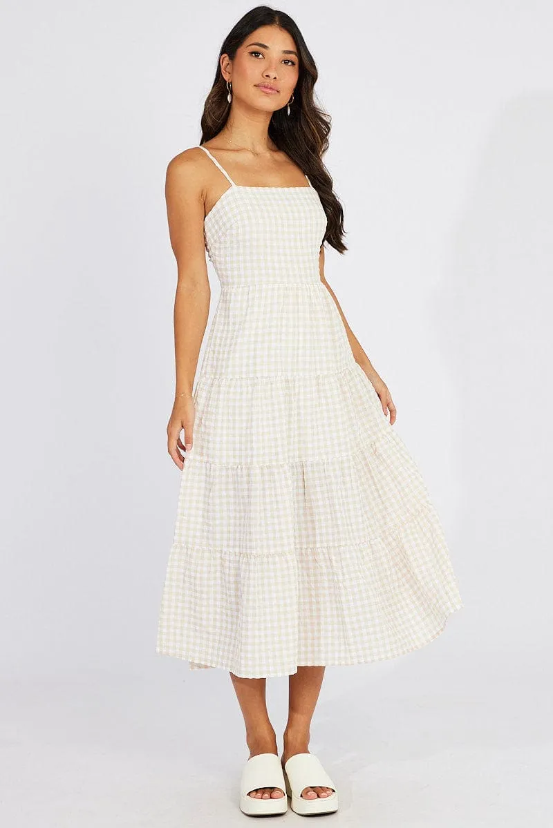 Beige Check Midi Dress Sleeveless Tie Back