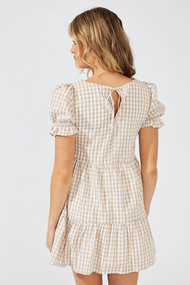 Beige Check Smock Dress Short Sleeve Tiered