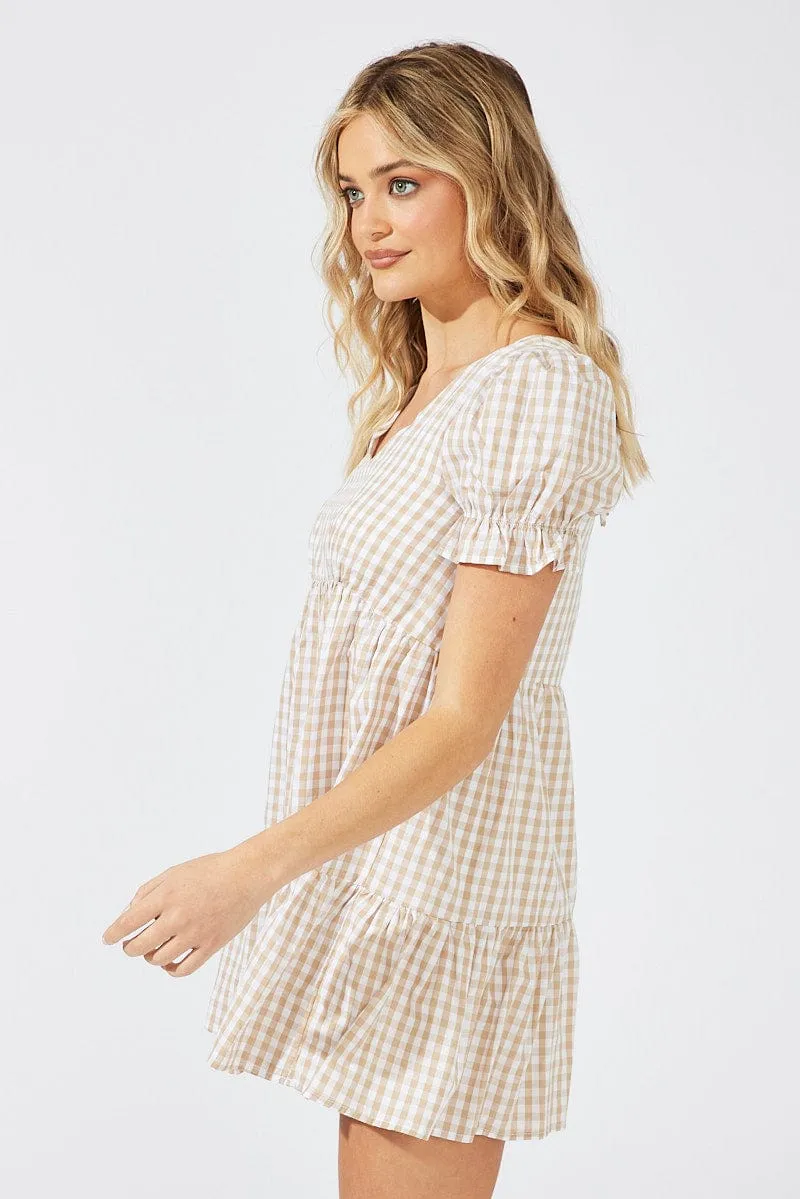 Beige Check Smock Dress Short Sleeve Tiered