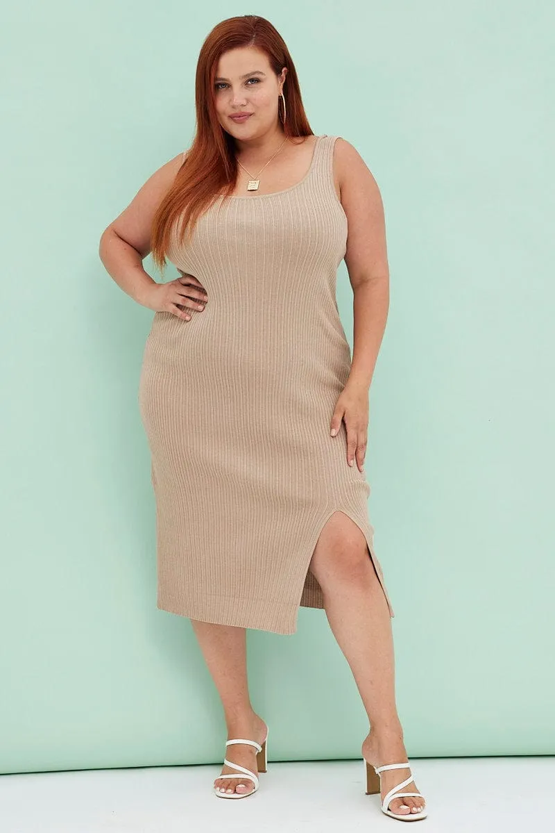 Beige Knit Dress Sleeveless Split Front Rib Midi