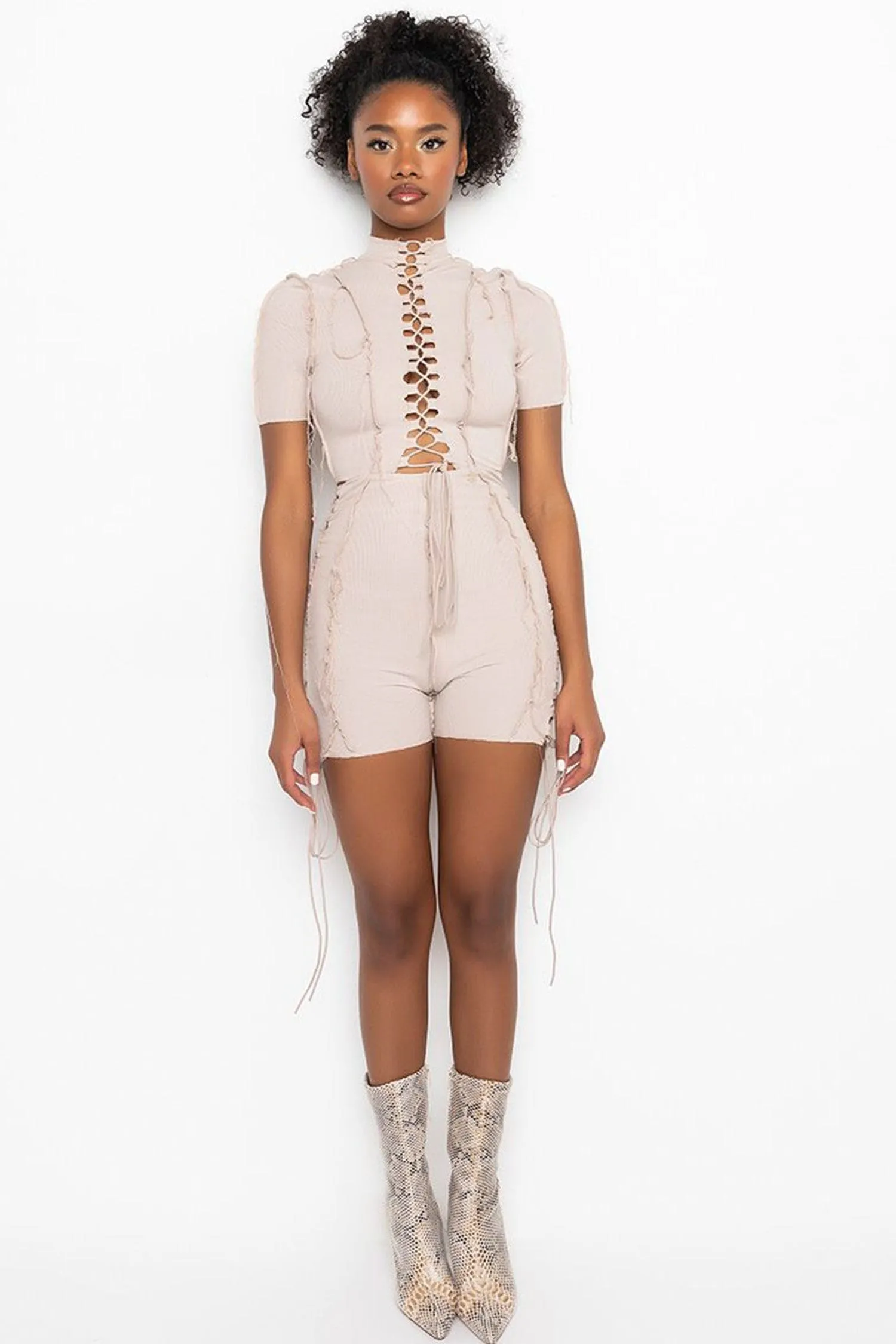 Beige Lace Up Short Sleeve Contrast Stitch Bodycon Romper