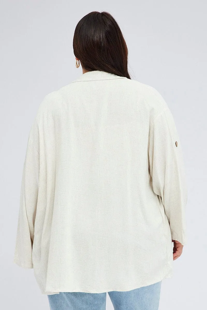 Beige Relaxed Shirt 3/4 Sleeve Linen Viscose