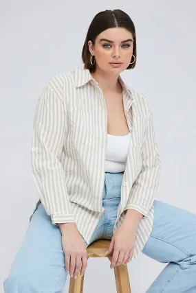 Beige Stripe Relaxed Shirt Long Sleeve Button Up