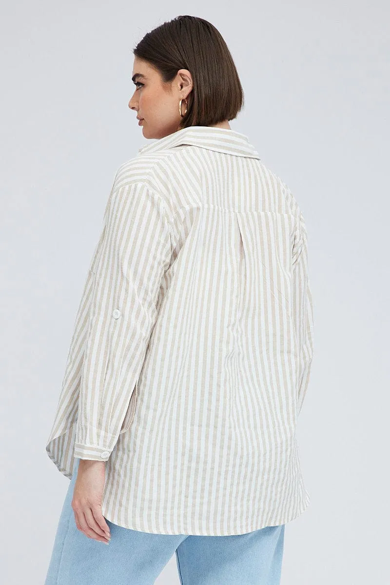 Beige Stripe Relaxed Shirt Long Sleeve Button Up