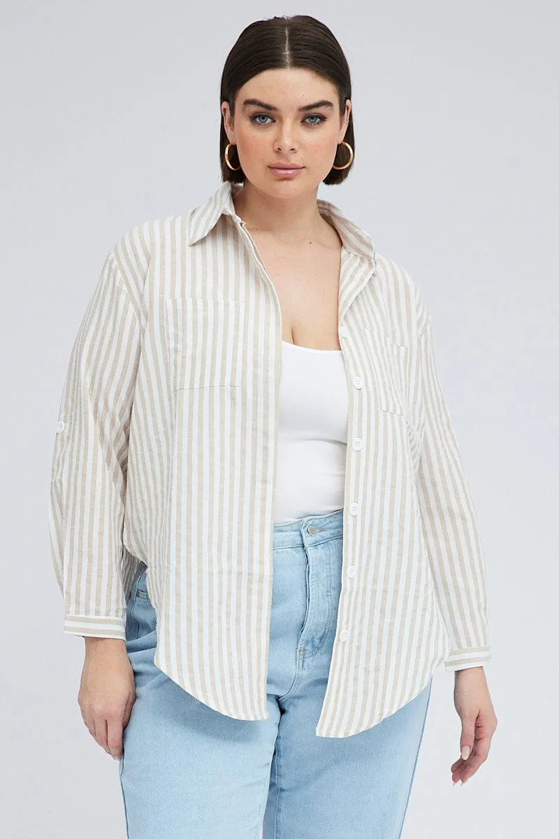 Beige Stripe Relaxed Shirt Long Sleeve Button Up