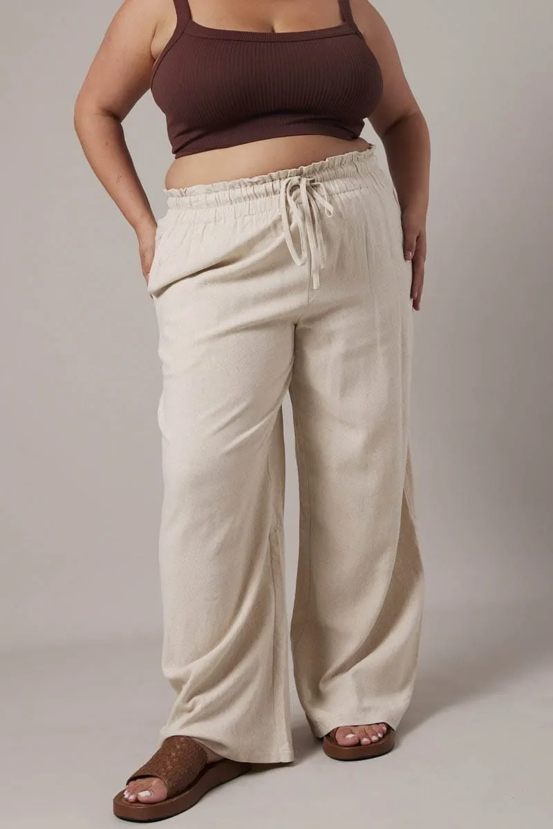 Beige Wideleg Pants Paperbag Elastic Waist Linen Blend