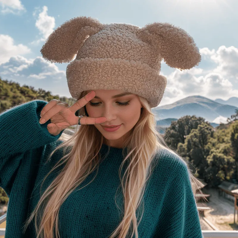 Bunny Ears Lambswool Beanie Hat