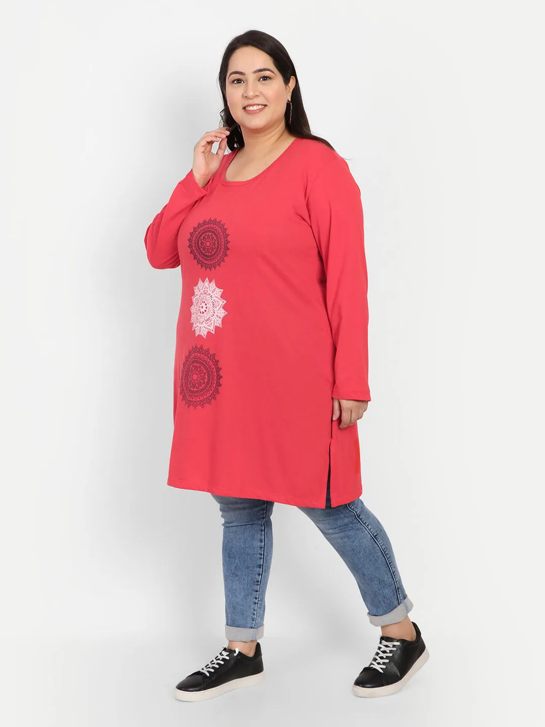 Cotton Long Top for Women Plus Size - Full Sleeve - Red