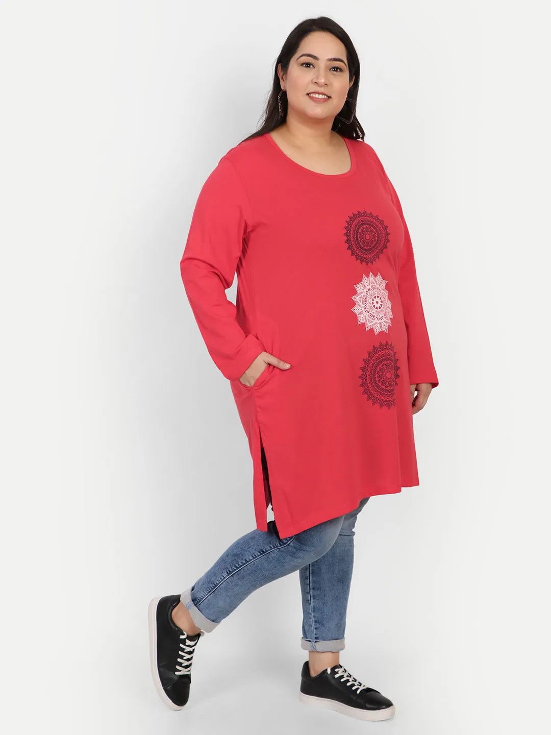 Cotton Long Top for Women Plus Size - Full Sleeve - Red