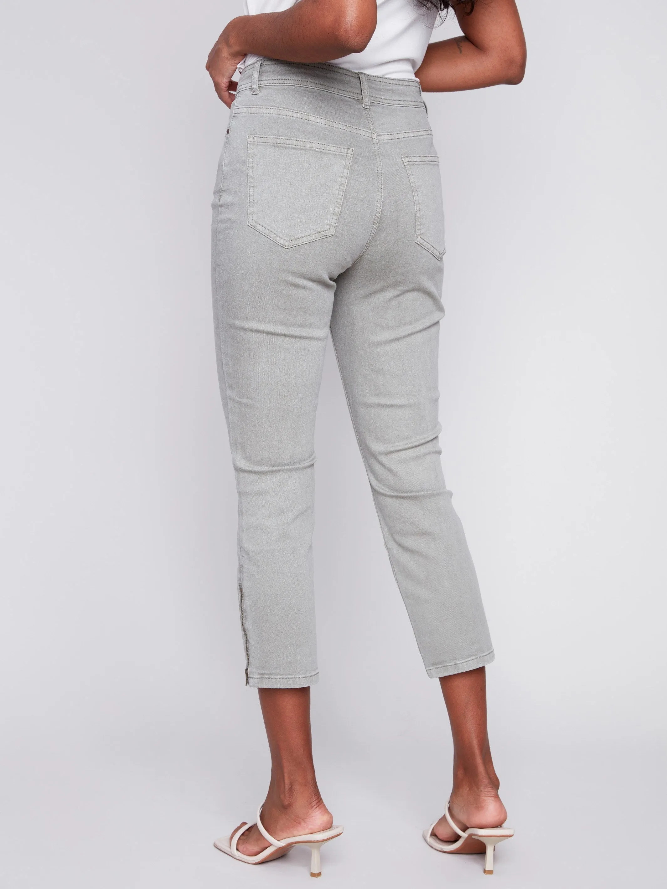 Cropped Twill Pants with Zipper Detail - Celadon