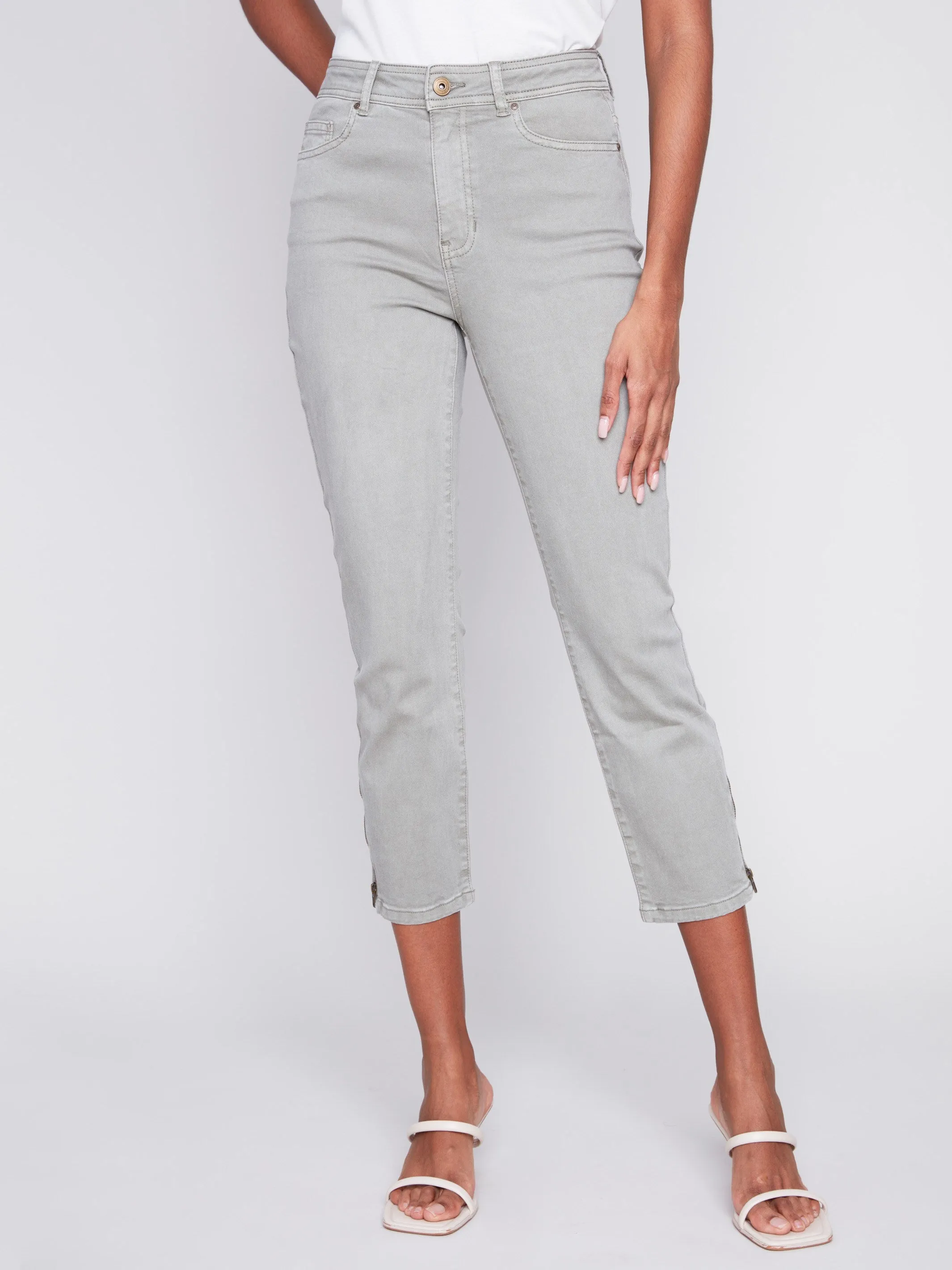 Cropped Twill Pants with Zipper Detail - Celadon