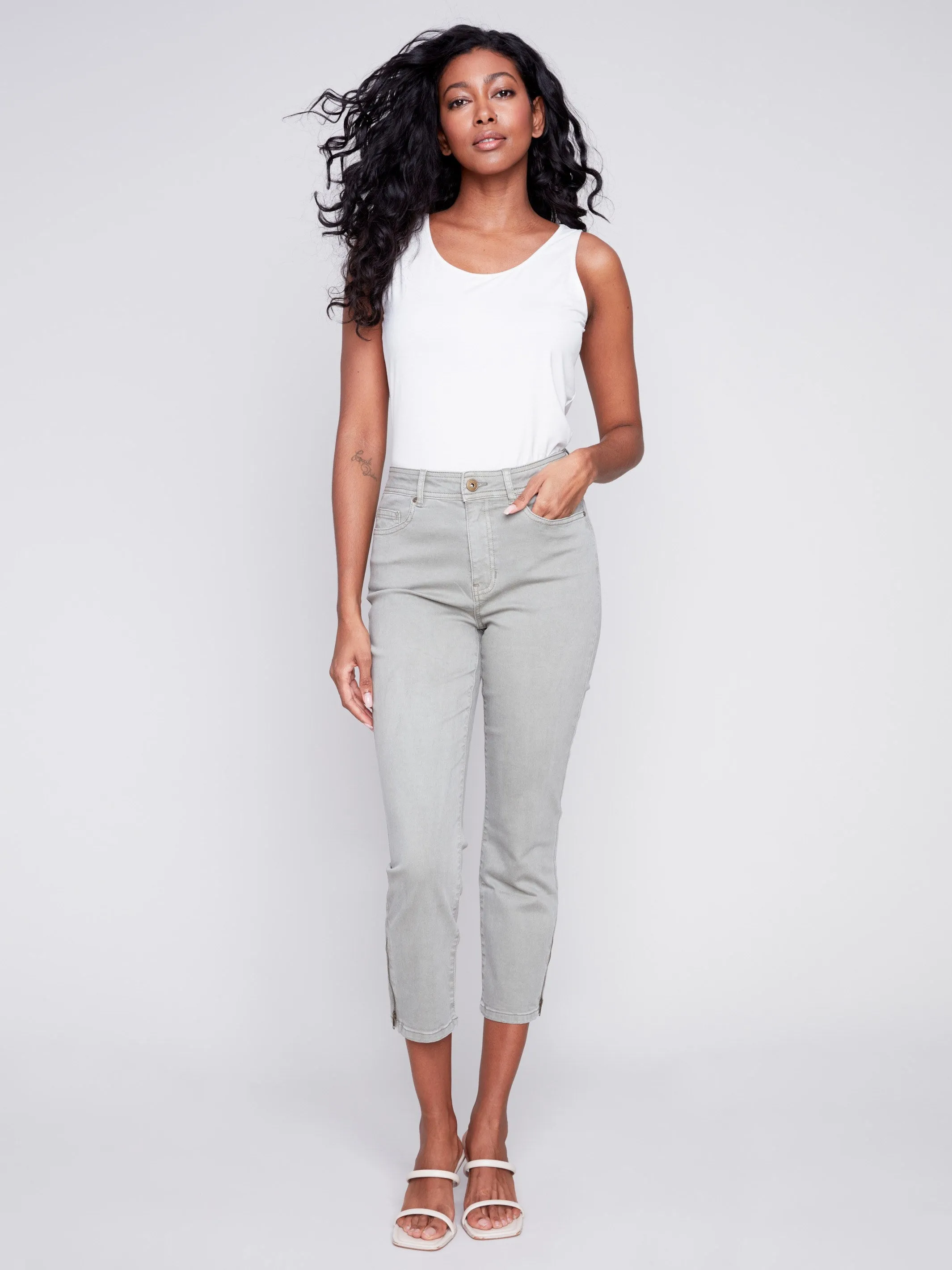 Cropped Twill Pants with Zipper Detail - Celadon