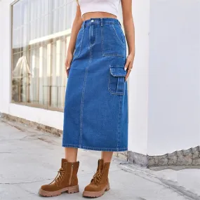 Elastic Denim Casual Waist Retro Straight Washed Street Summer Cargo Slit Skirt