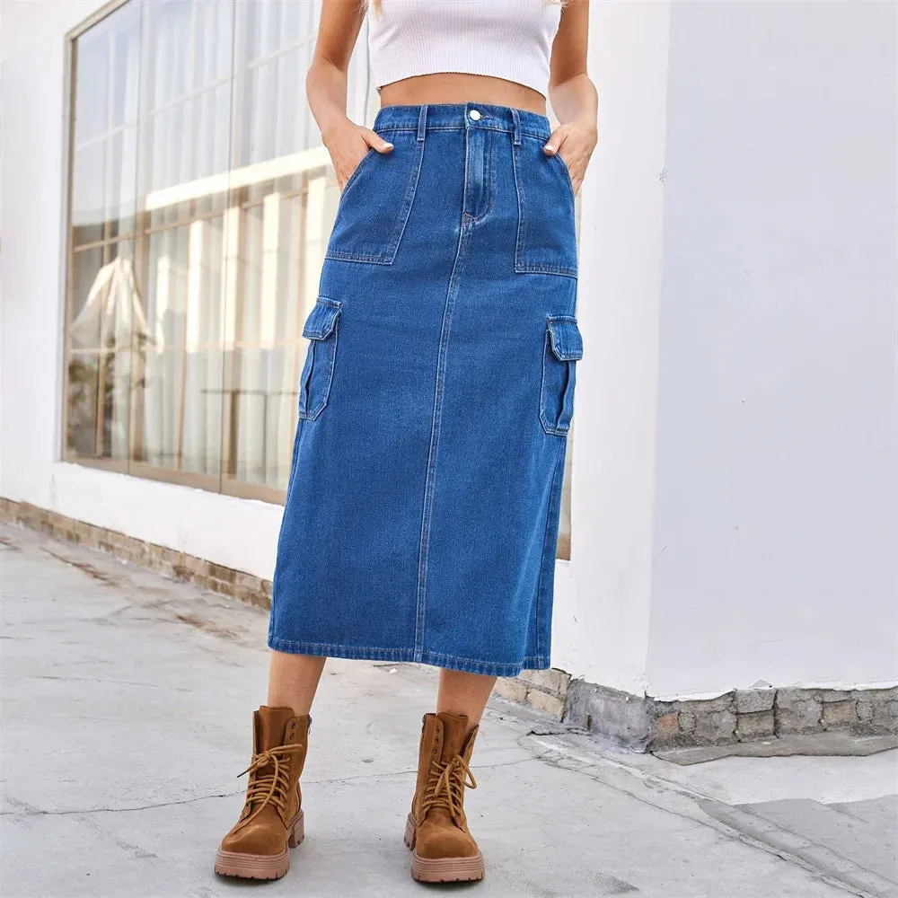 Elastic Denim Casual Waist Retro Straight Washed Street Summer Cargo Slit Skirt