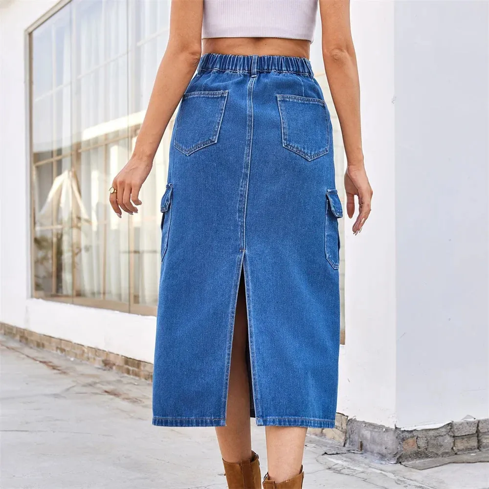 Elastic Denim Casual Waist Retro Straight Washed Street Summer Cargo Slit Skirt