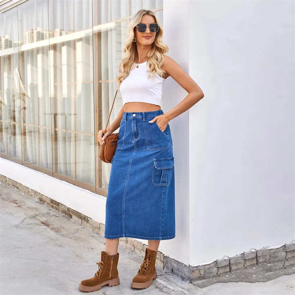 Elastic Denim Casual Waist Retro Straight Washed Street Summer Cargo Slit Skirt