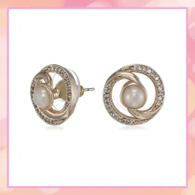 Estele 24 Kt Rose Gold Plated American Diamond Clock Pearl Stud Earrings for women