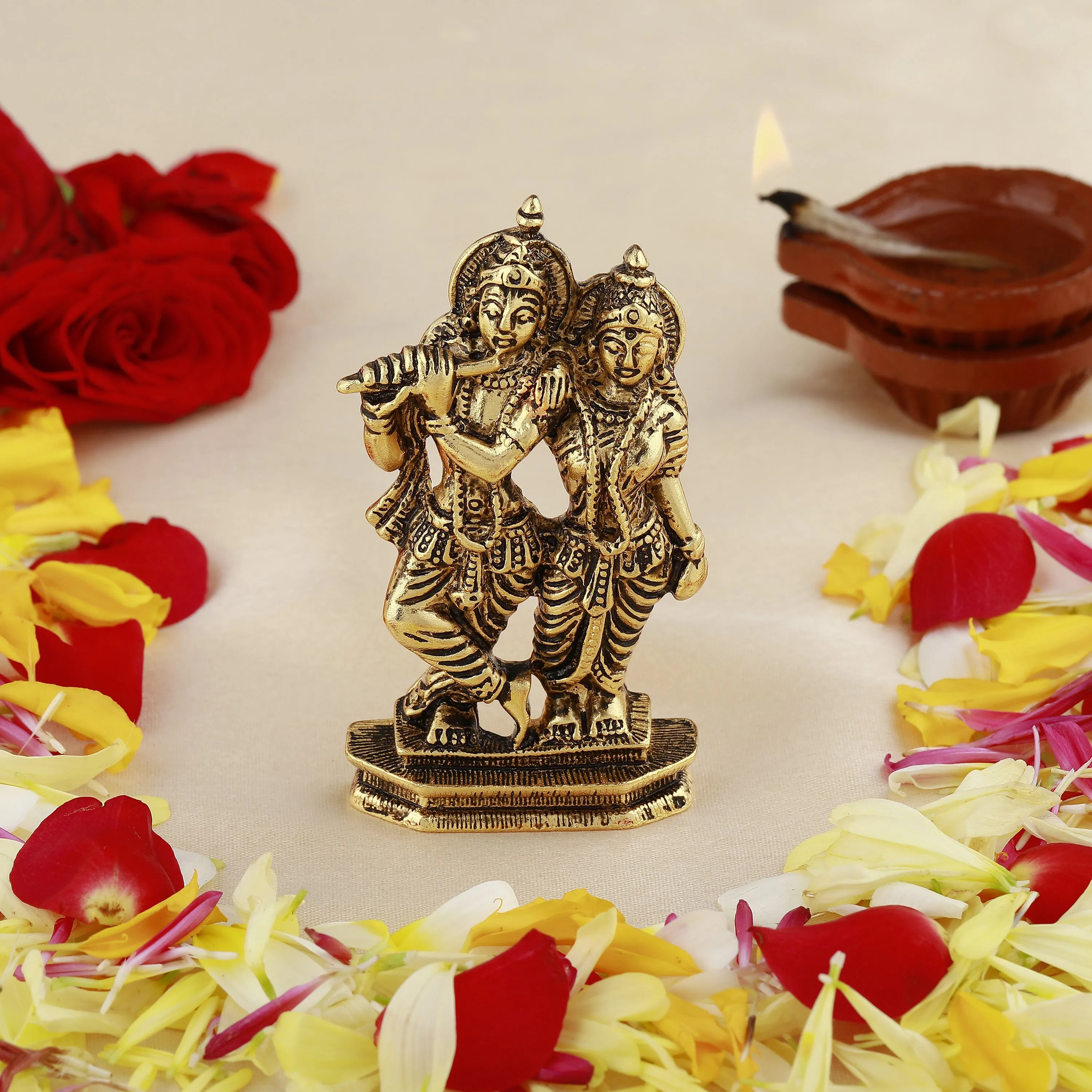 Estele Gold Plated Antique Devotional Shree Radha Krishna Idol for Home/Car Decor.