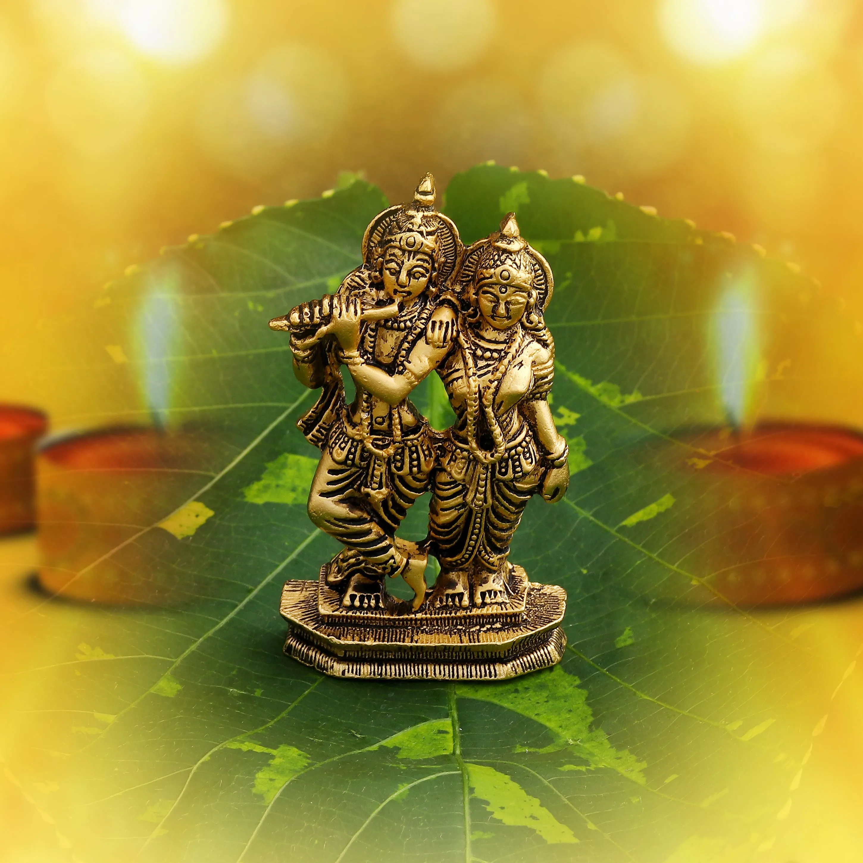 Estele Gold Plated Antique Devotional Shree Radha Krishna Idol for Home/Car Decor.