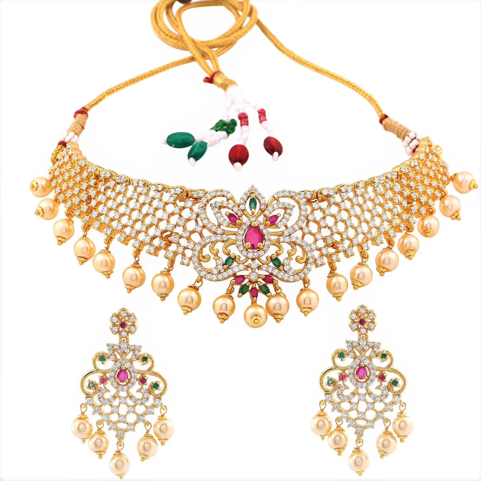 Estele Gold Plated CZ Elegant Bridal Choker Necklace Set with Colored Stones & Pearls