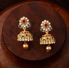 Estele Gold Plated CZ Intricate Jhumki Earrings with Pearl & Multi Color Crystals for Women