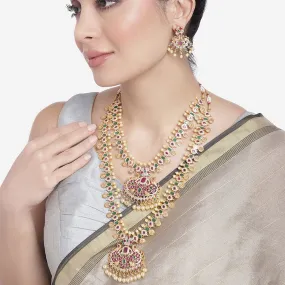 Estele Gold Plated CZ Peacock with Coins Designer Bridal Short & Long Necklace set with color stones & Pearls for Women