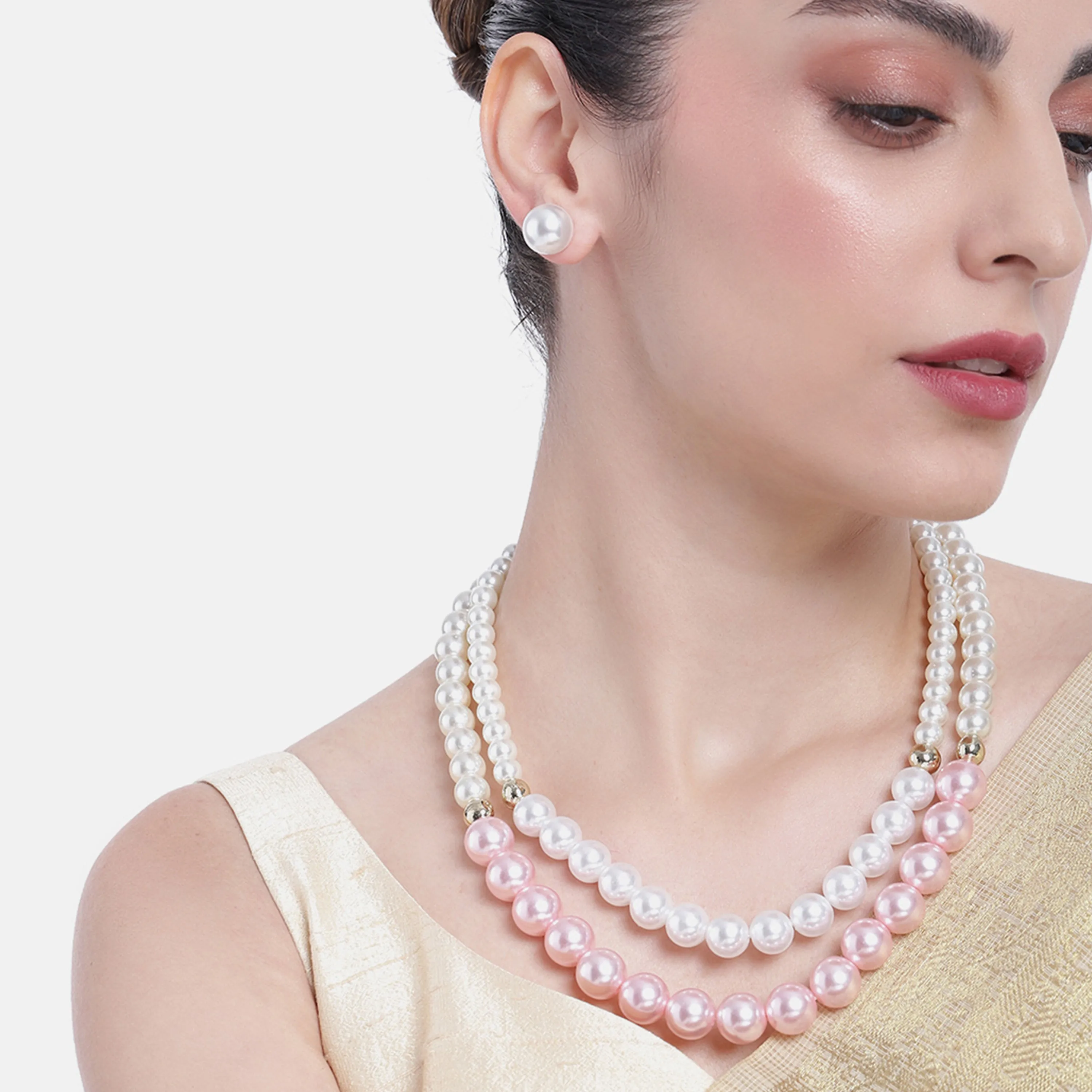 Estele Gold Plated Dazzling Double Line Pearl Necklace Set for Women