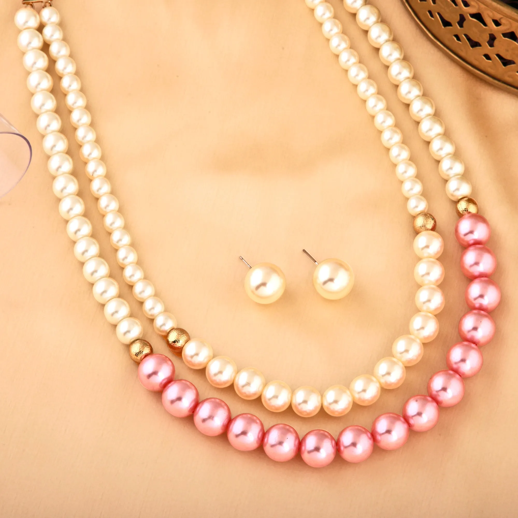 Estele Gold Plated Dazzling Double Line Pearl Necklace Set for Women