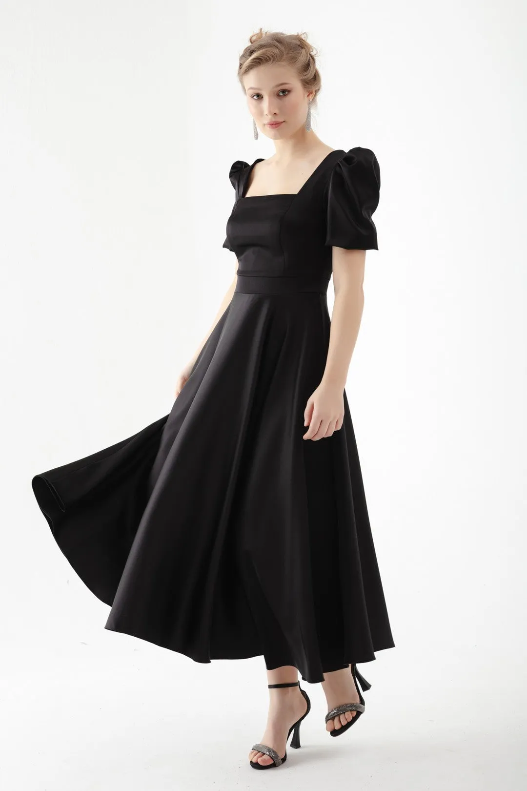 Female Square Collar Balloon Sleeve Midi Evening Dress