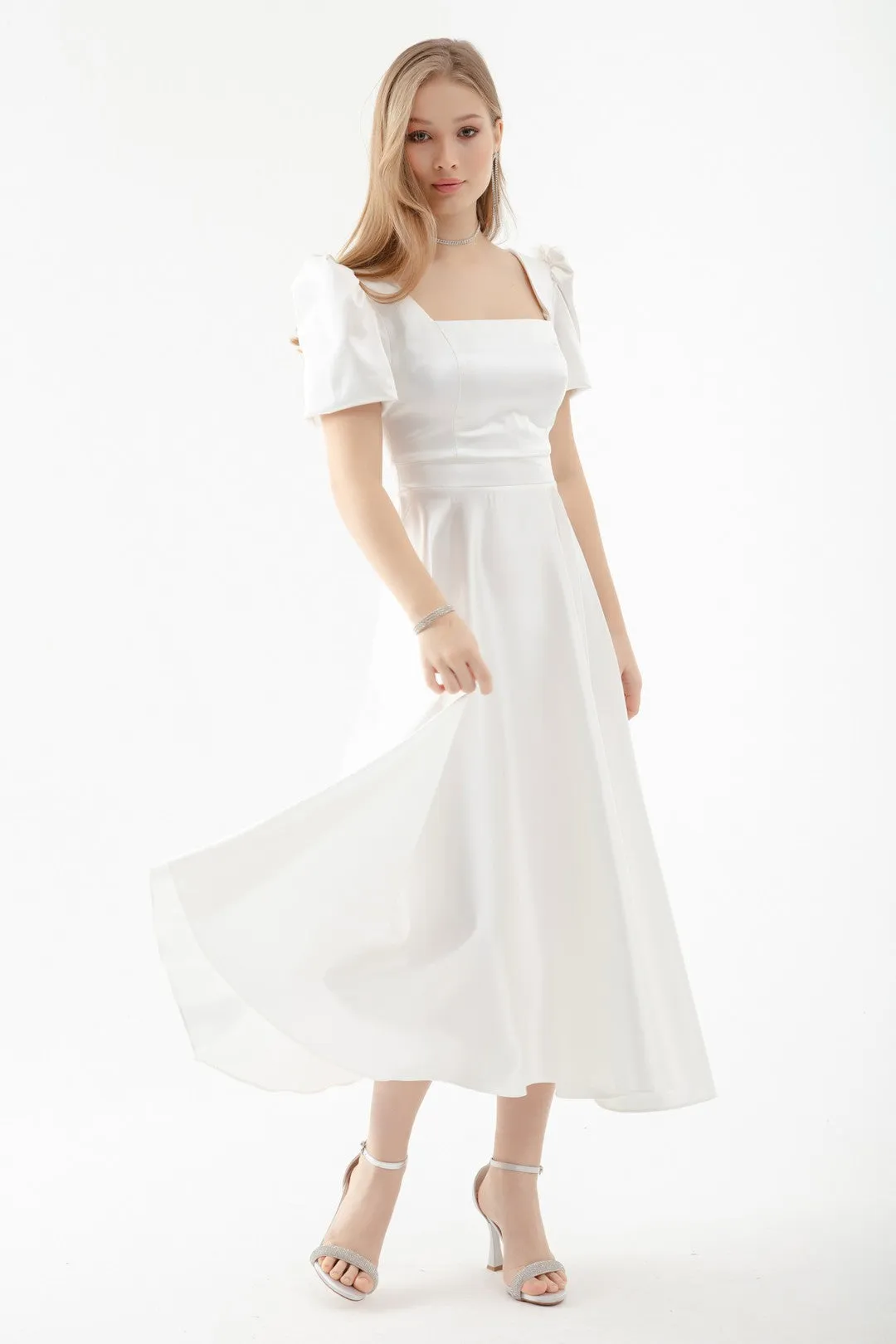 Female Square Collar Balloon Sleeve Midi Evening Dress