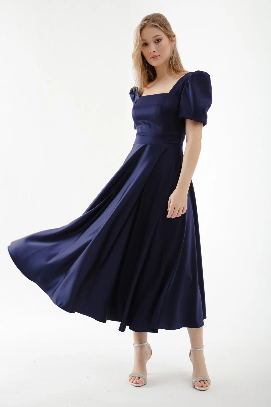 Female Square Collar Balloon Sleeve Midi Evening Dress